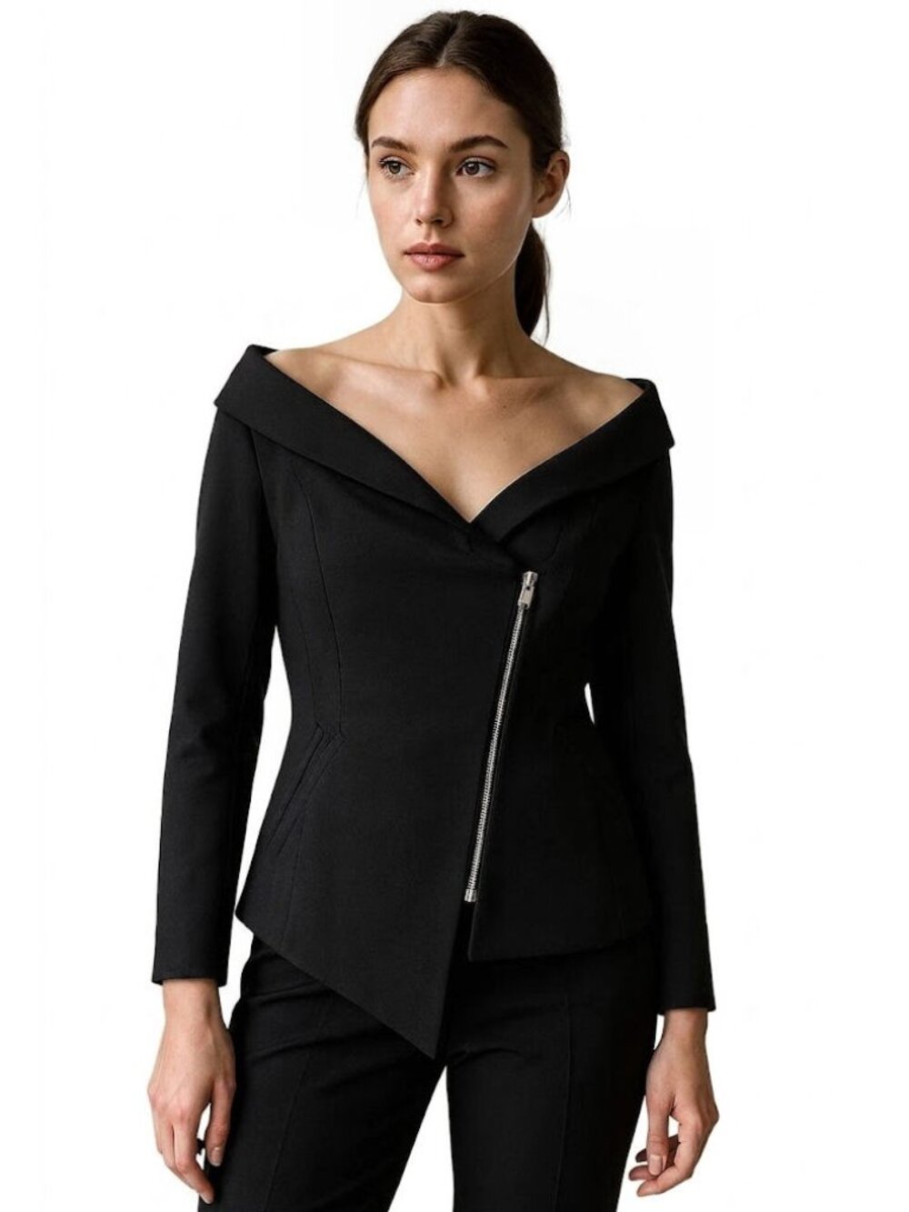 Trouvé Off-Shoulder Asymmetric Zip Jacket, Black, Womens Size Large